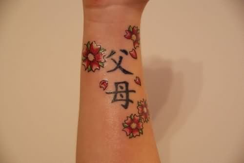 Kanji Symbols and Cherry Blosoom Tattoos On sleeve